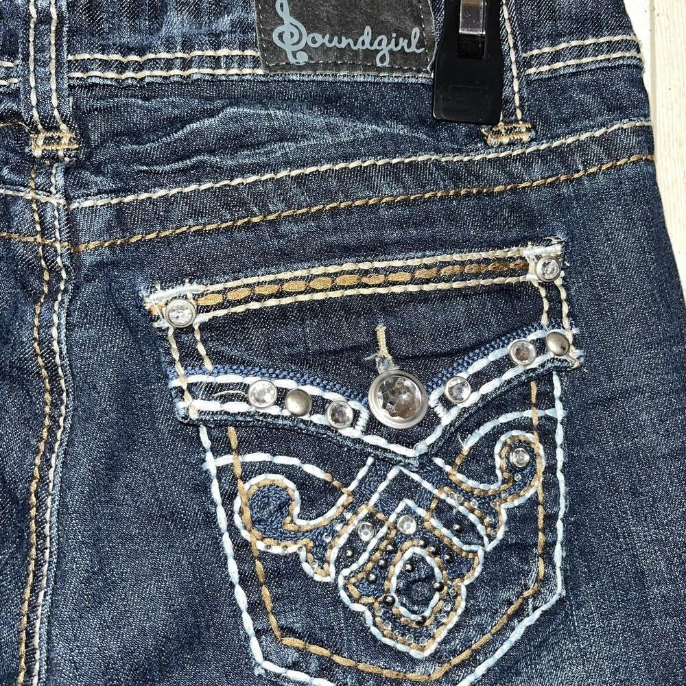 Soundgirl Embellished Thick Stitch Dark Wash‎ Bootcut Denim Jeans Size 9 Bling - Picture 8 of 13